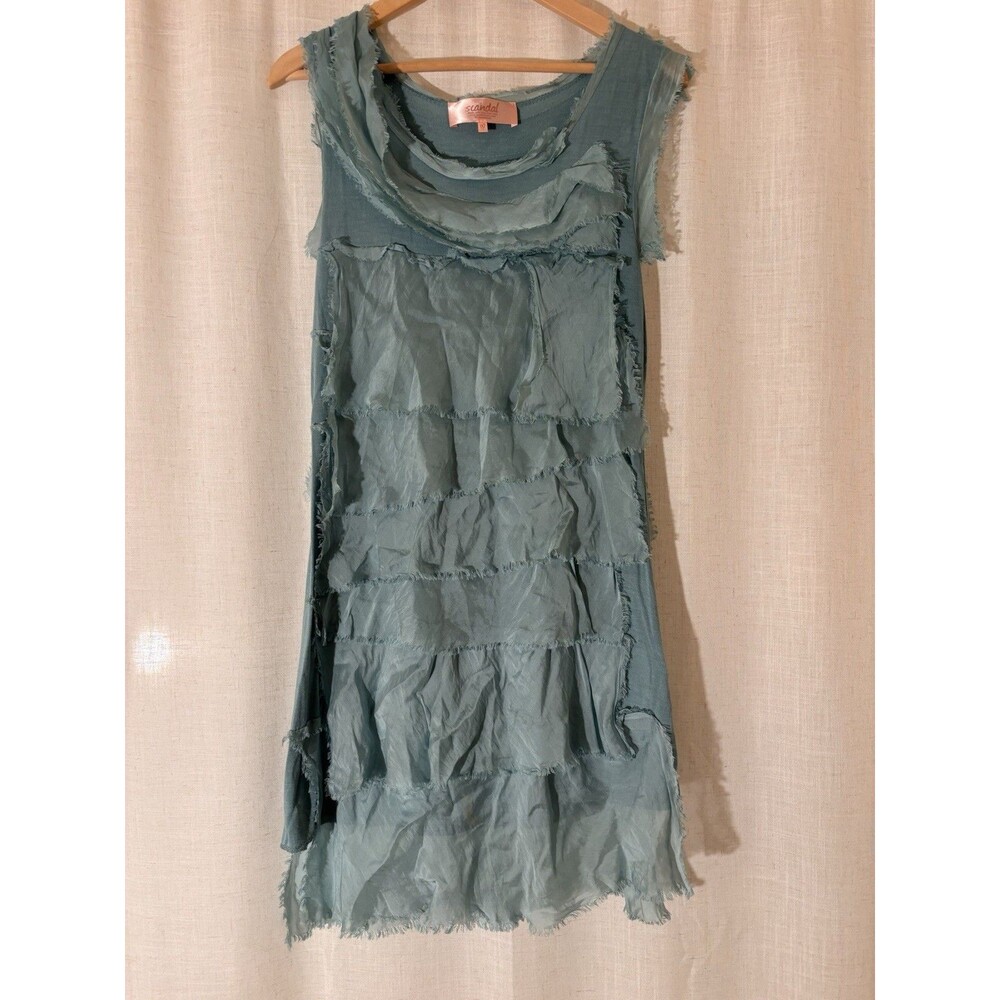 Scandal Italy S/M "One Size" Blue Chiffon Shift Dress Cowl Neck Ruffle Fringe